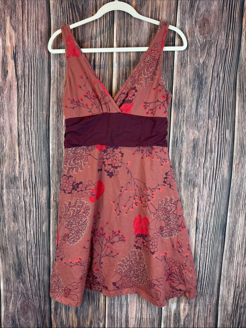 Patagonia Rust Floral V-Neck Dress with Burgundy Waistband